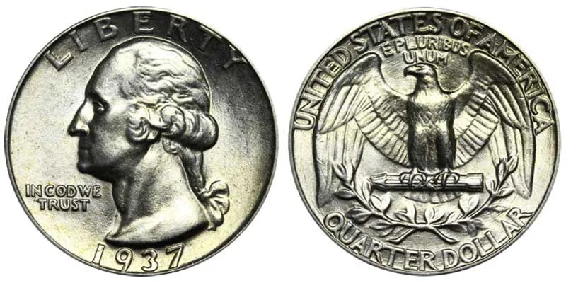 1937 Washington Quarter obverse and reverse showing silver coin details