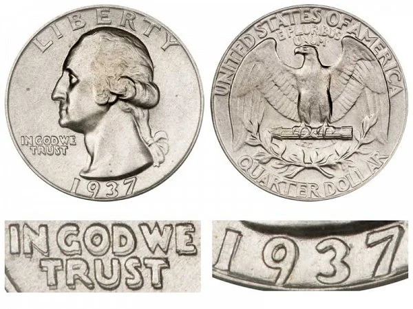 1937 quarter DDO FS-101 comparison: normal motto vs doubled die obverse showing bold doubling on IN GOD WE TRUST