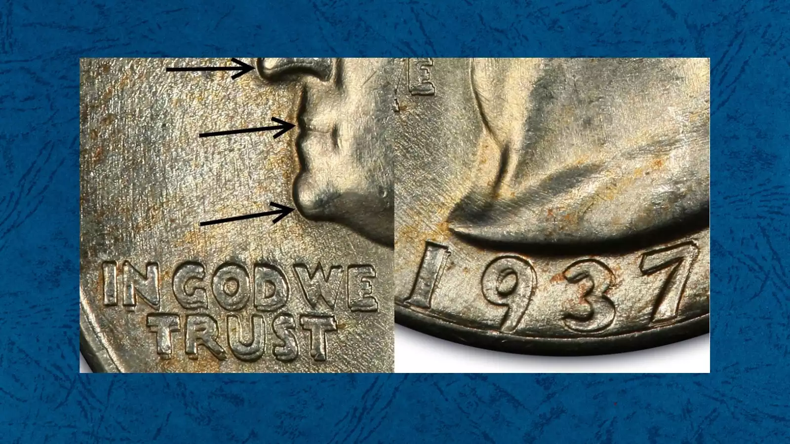 1937 quarter DDO FS-101 close-up showing doubled die doubling on IN GOD WE TRUST motto