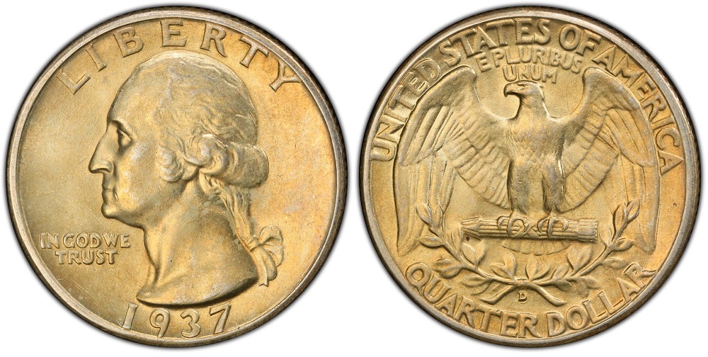 1937-D Washington quarter D mint mark close-up showing RPM FS-501 secondary D impression shifted southeast
