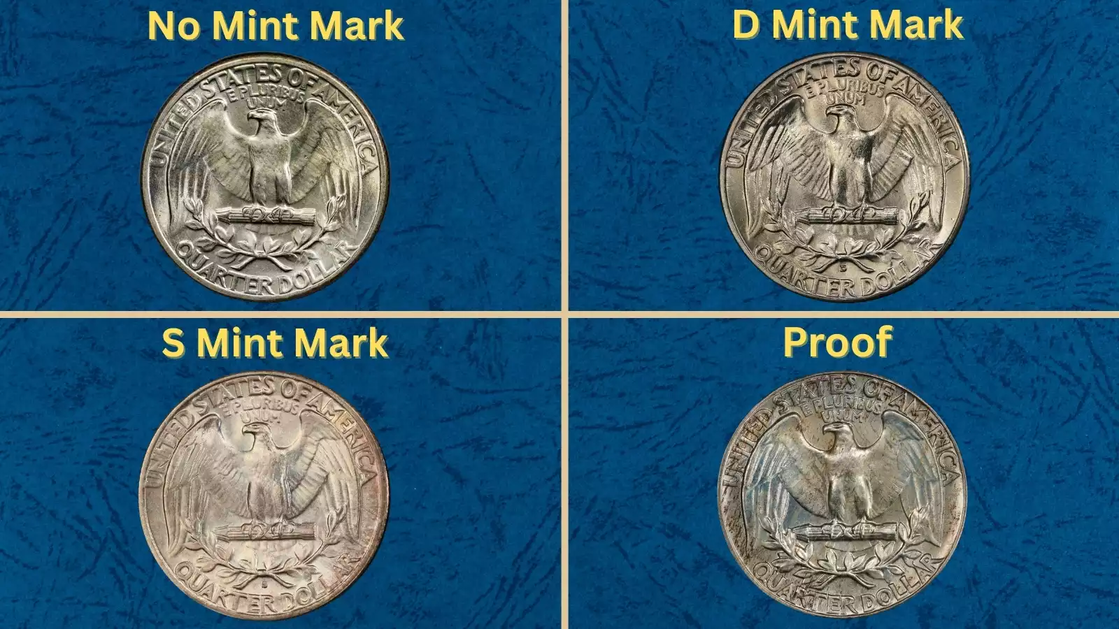 1937 Washington quarter group shot showing Philadelphia, Denver, San Francisco and Proof varieties