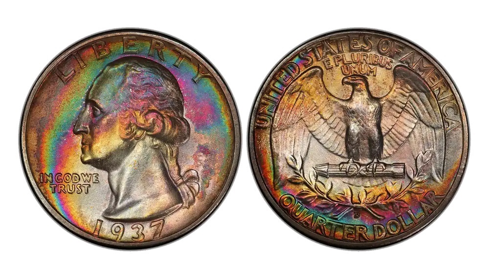 1937 Washington quarter grading strip showing four condition tiers from worn G-4 through circulated VF to gem MS-65